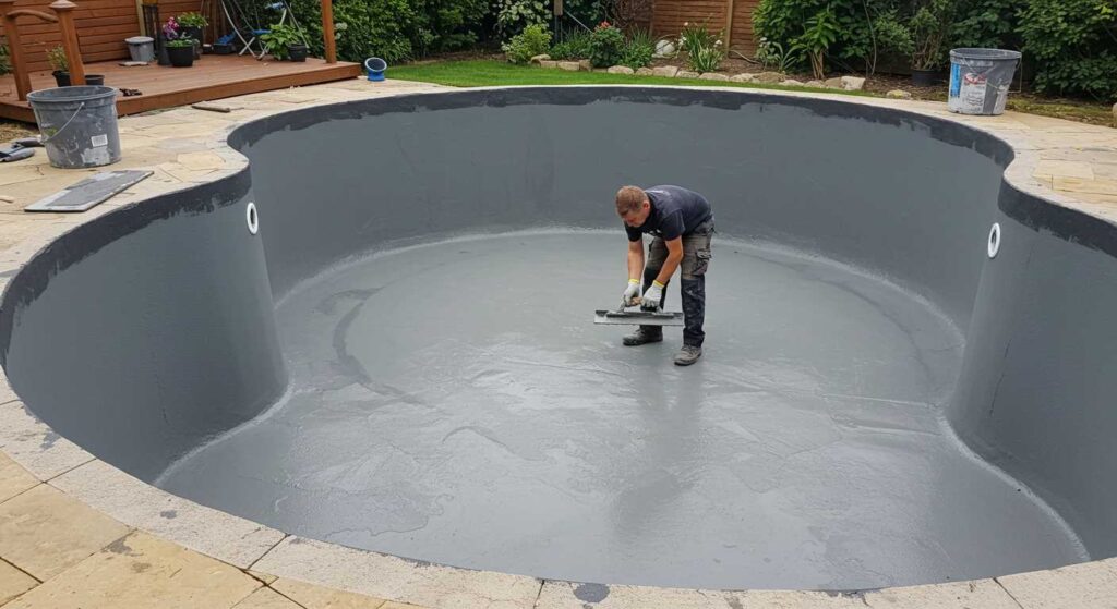 Profissional aplicando Revestimentos Impermeáveis no interior de uma piscina antes do acabamento final