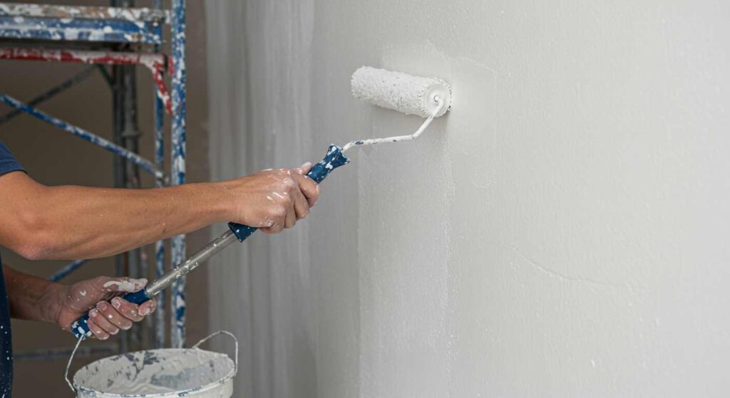 Revestimento acrílico sendo aplicado em parede externa para proteção contra intempéries e infiltrações.